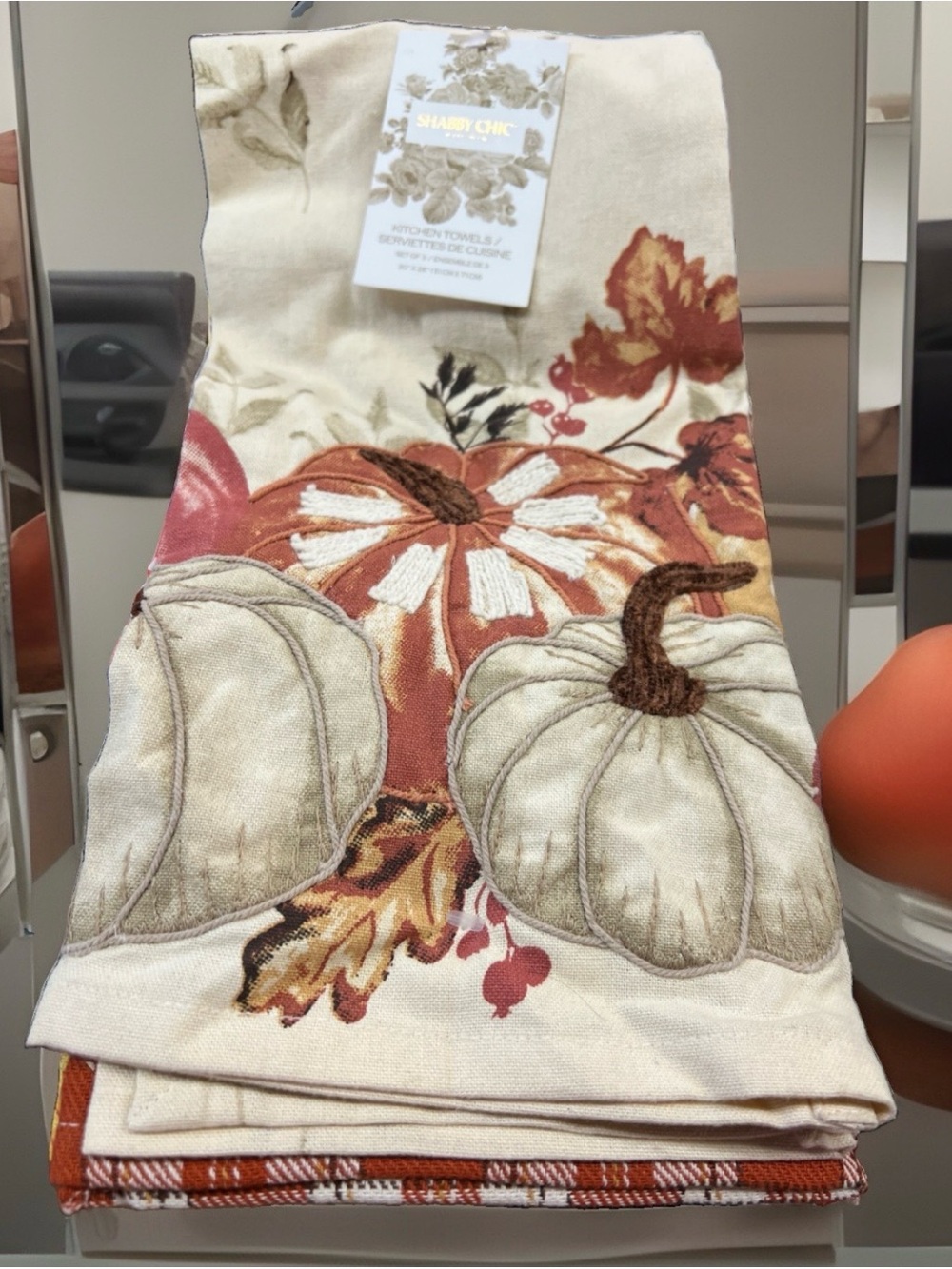 SHABBY CHIC KITCHEN TOWELS (3) PUMPKINS RUST GOLD LEAVES 100% COTTON NWT